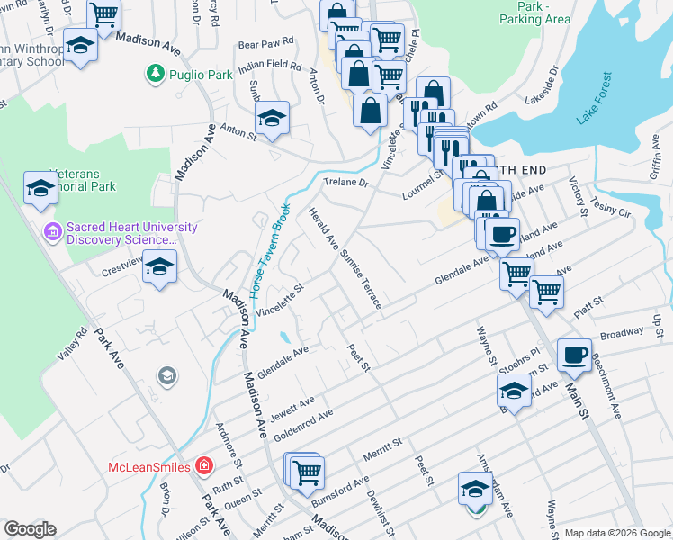map of restaurants, bars, coffee shops, grocery stores, and more near 445 Vincellette Street in Bridgeport