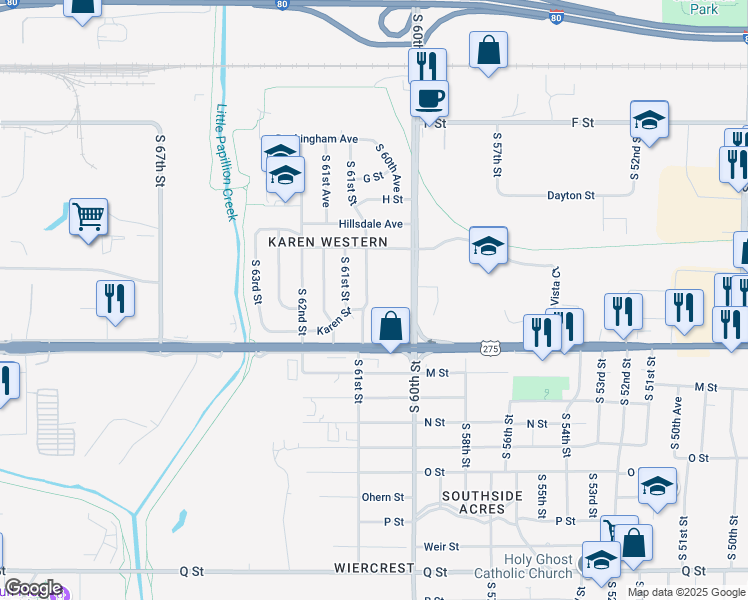 map of restaurants, bars, coffee shops, grocery stores, and more near 4529 South 60th Avenue in Omaha
