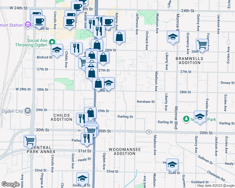 map of restaurants, bars, coffee shops, grocery stores, and more near 2808 Adams Avenue in Ogden