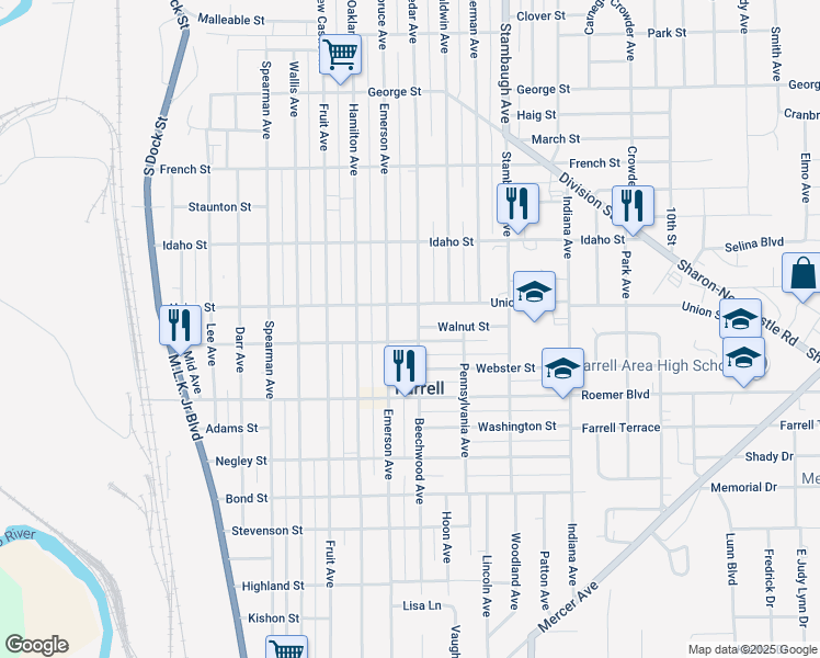 map of restaurants, bars, coffee shops, grocery stores, and more near 808 Beechwood Avenue in Farrell