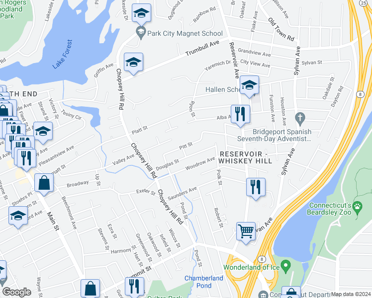 map of restaurants, bars, coffee shops, grocery stores, and more near 155 Pitt Street in Bridgeport