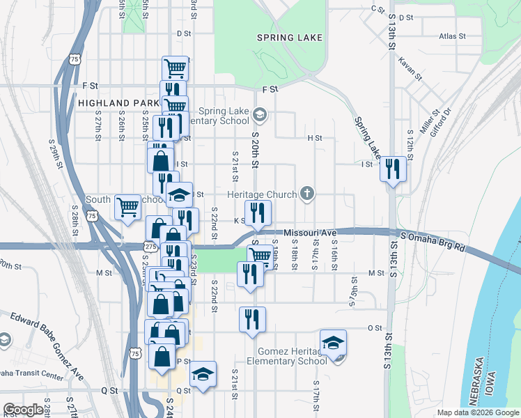 map of restaurants, bars, coffee shops, grocery stores, and more near 4521 South 20th Street in Omaha