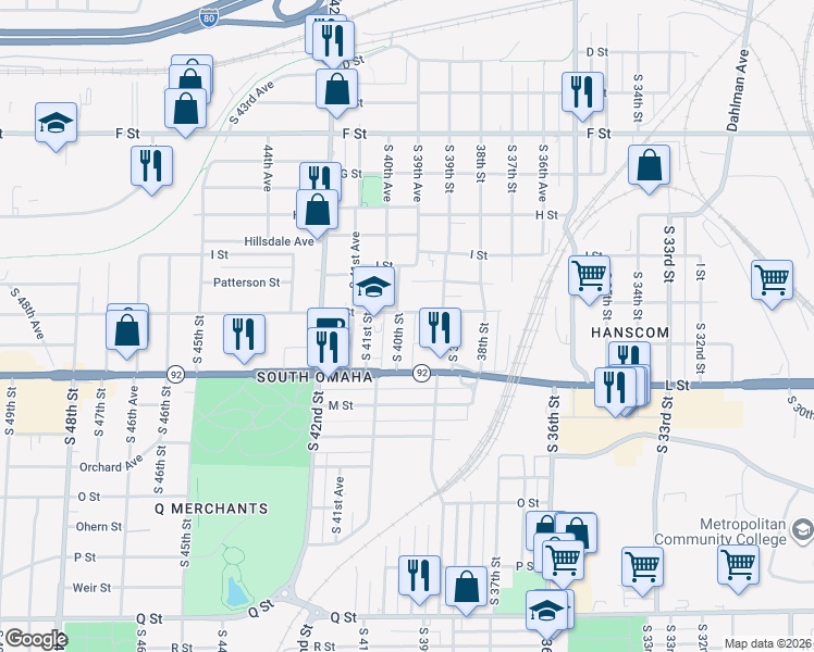 map of restaurants, bars, coffee shops, grocery stores, and more near 4509 South 40th Street in Omaha