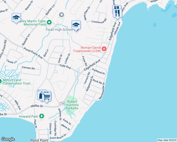 map of restaurants, bars, coffee shops, grocery stores, and more near 15 Terrace Road in Milford