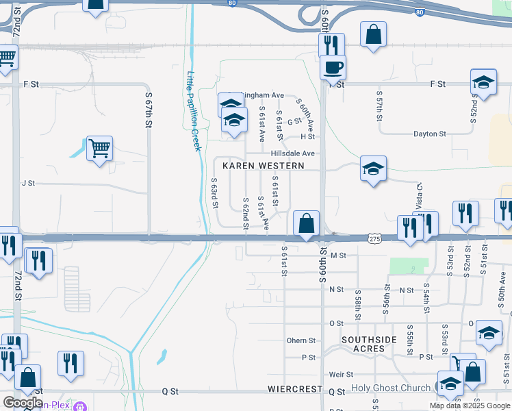 map of restaurants, bars, coffee shops, grocery stores, and more near 4602 South 61st Avenue in Omaha