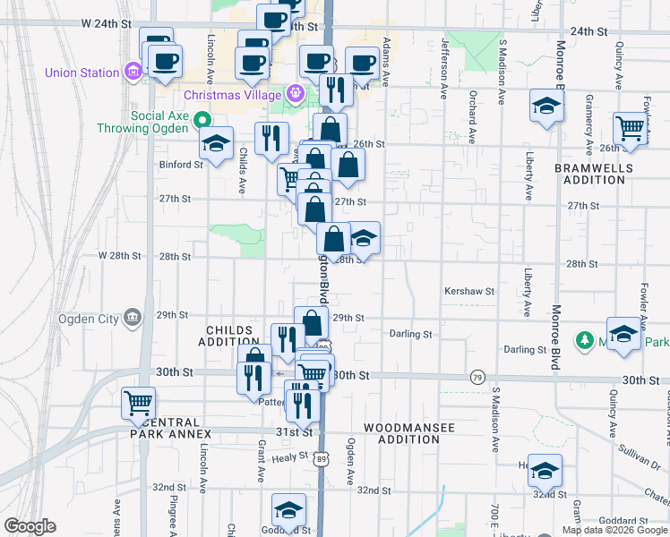 map of restaurants, bars, coffee shops, grocery stores, and more near 2810 Washington Boulevard in Ogden