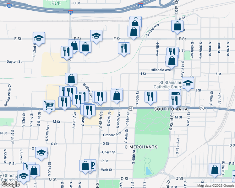 map of restaurants, bars, coffee shops, grocery stores, and more near 4510 South 46th Avenue in Omaha