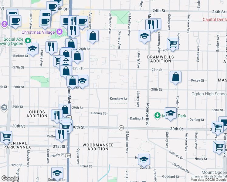 map of restaurants, bars, coffee shops, grocery stores, and more near 619 28th Street in Ogden