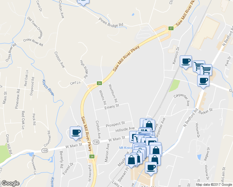 map of restaurants, bars, coffee shops, grocery stores, and more near 33 Washburn Road in Mount Kisco