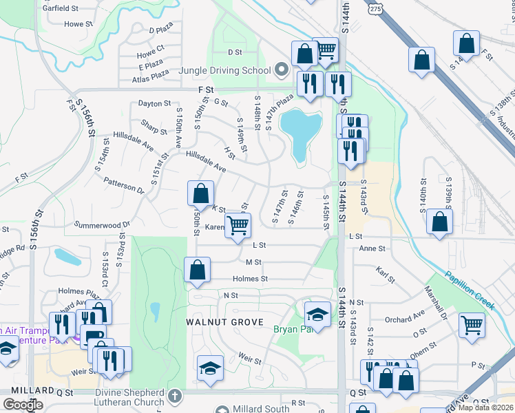 map of restaurants, bars, coffee shops, grocery stores, and more near 4502 S 148th St in Omaha