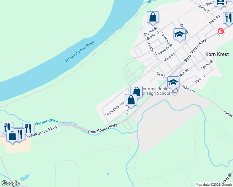 map of restaurants, bars, coffee shops, grocery stores, and more near 714 Main Rd in Luzerne