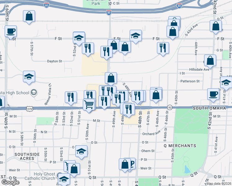 map of restaurants, bars, coffee shops, grocery stores, and more near 4915 J Street in Omaha