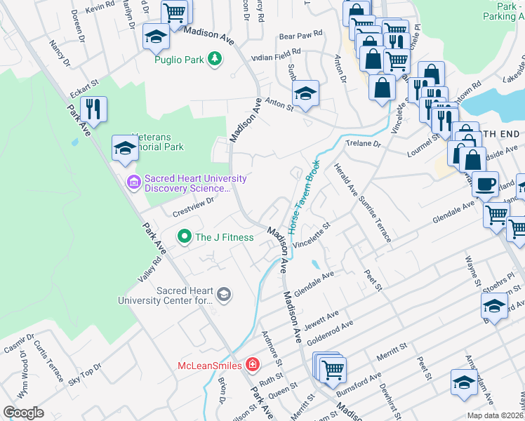 map of restaurants, bars, coffee shops, grocery stores, and more near 216 Cherry Hill Drive in Bridgeport