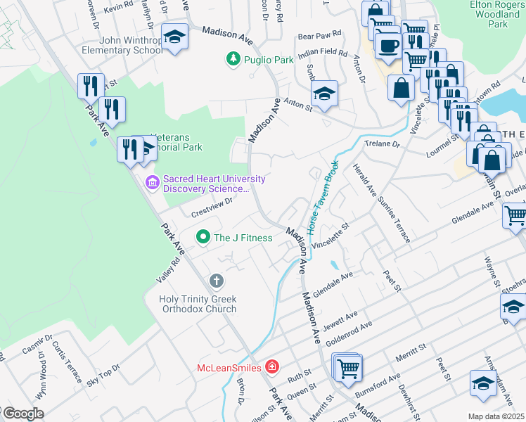 map of restaurants, bars, coffee shops, grocery stores, and more near 2920 Madison Avenue in Bridgeport