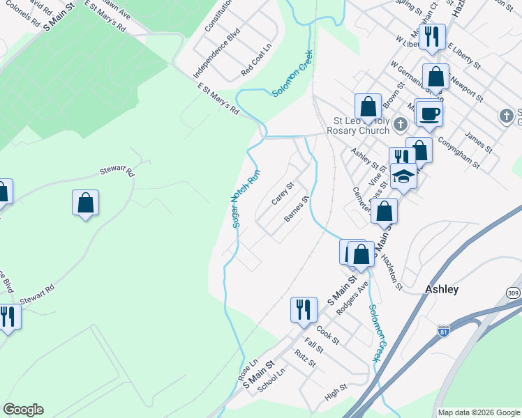 map of restaurants, bars, coffee shops, grocery stores, and more near 53 Carey St in Ashley