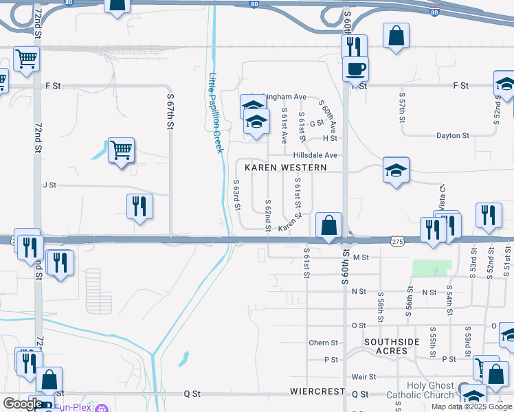 map of restaurants, bars, coffee shops, grocery stores, and more near 4538 South 62nd Avenue in Omaha