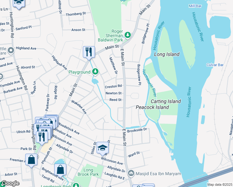 map of restaurants, bars, coffee shops, grocery stores, and more near 61 Newton Street in Stratford