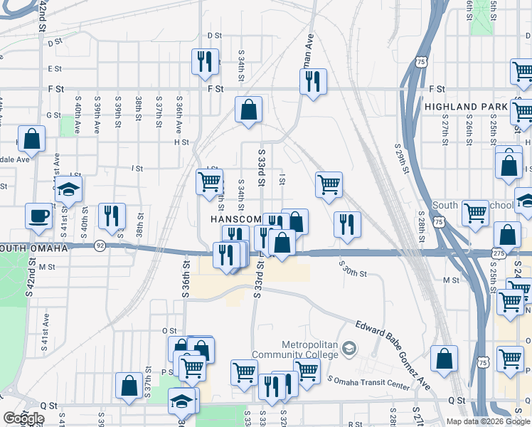 map of restaurants, bars, coffee shops, grocery stores, and more near 4511 South 33rd Street in Omaha