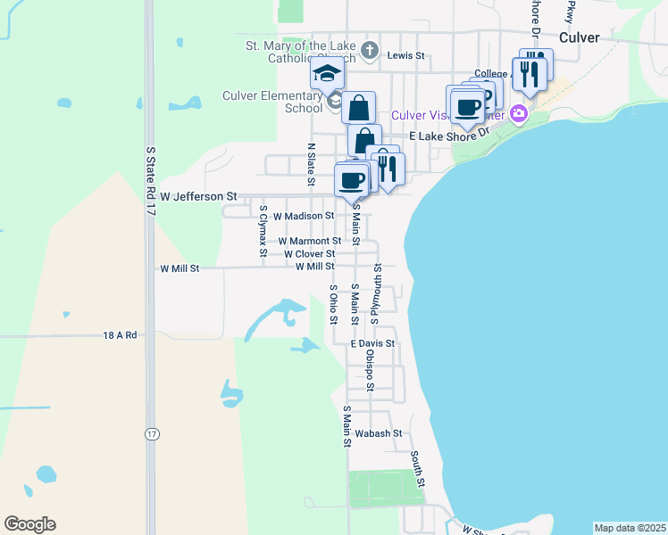 map of restaurants, bars, coffee shops, grocery stores, and more near South Ohio Street in Culver