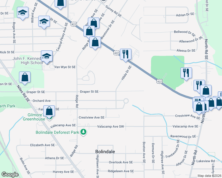 map of restaurants, bars, coffee shops, grocery stores, and more near 2894 Hilda Drive Southeast in Warren