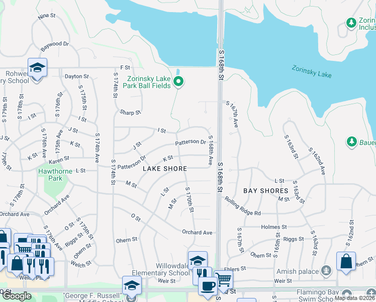 map of restaurants, bars, coffee shops, grocery stores, and more near 16918 K Street in Omaha