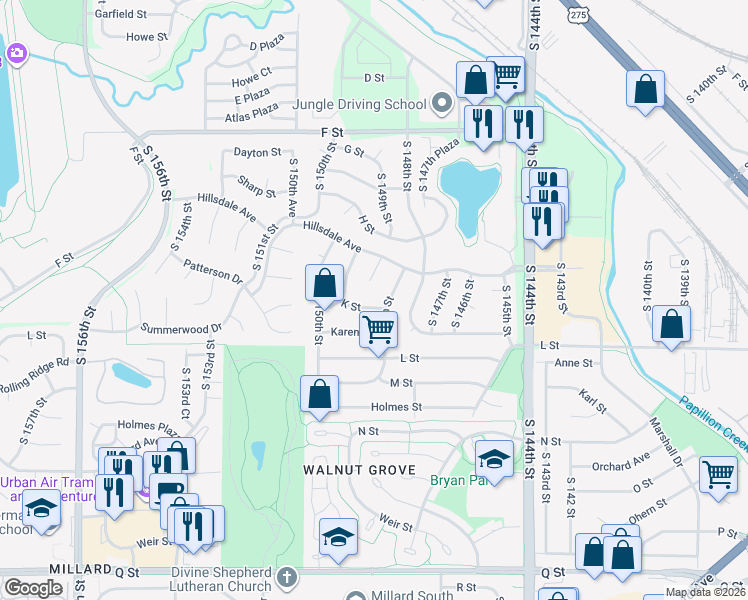 map of restaurants, bars, coffee shops, grocery stores, and more near 14912 K Street in Omaha