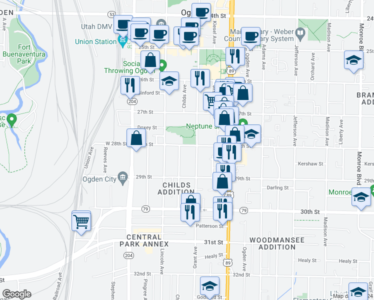 map of restaurants, bars, coffee shops, grocery stores, and more near 237 28th Street in Ogden