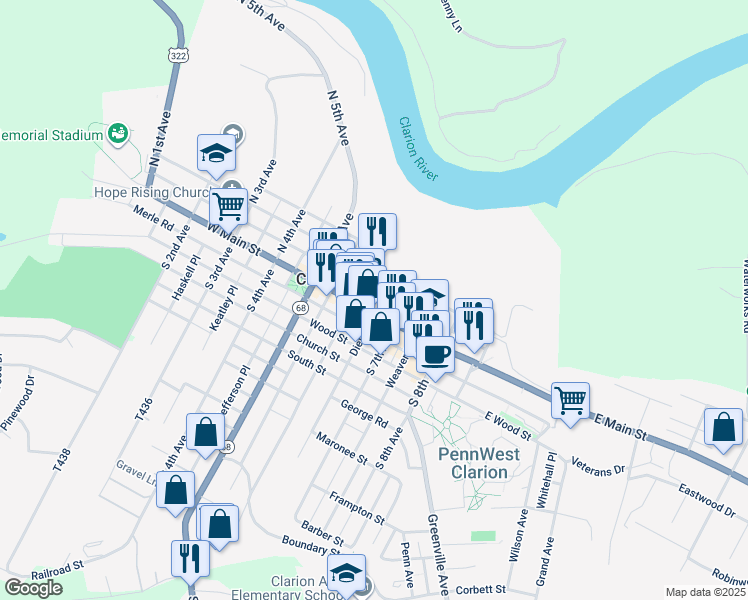 map of restaurants, bars, coffee shops, grocery stores, and more near 625 Main Street in Clarion