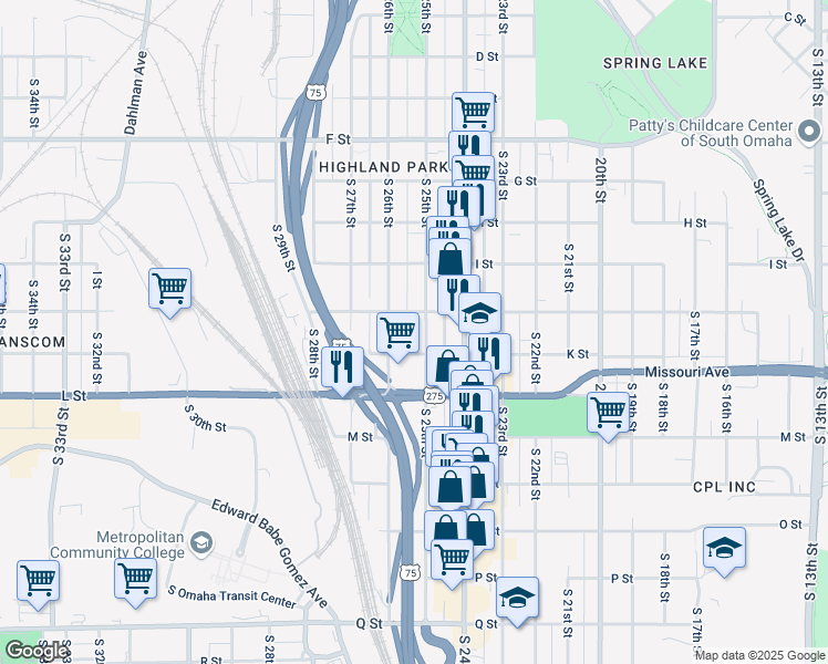 map of restaurants, bars, coffee shops, grocery stores, and more near 4500 South 25th Street in Omaha