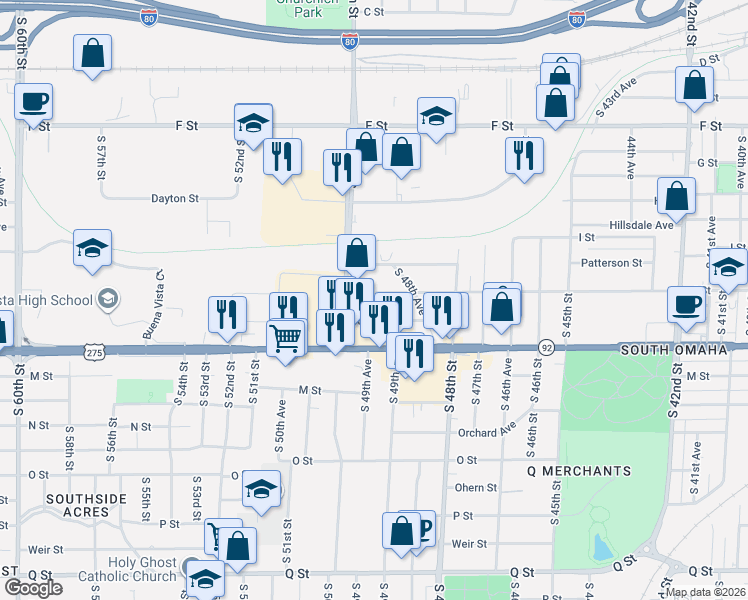 map of restaurants, bars, coffee shops, grocery stores, and more near 4915 J Street in Omaha