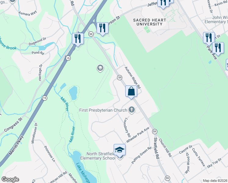 map of restaurants, bars, coffee shops, grocery stores, and more near 136 Hawthorne Drive in Fairfield