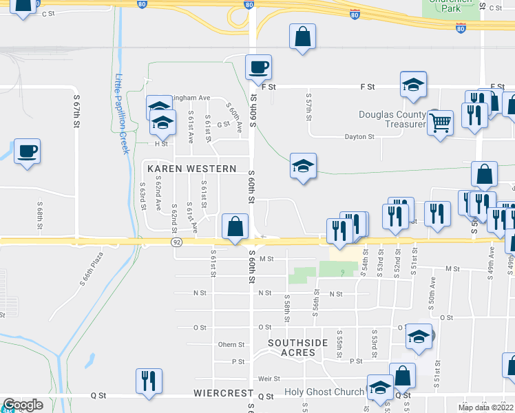 map of restaurants, bars, coffee shops, grocery stores, and more near 4509 South 60th Street in Omaha