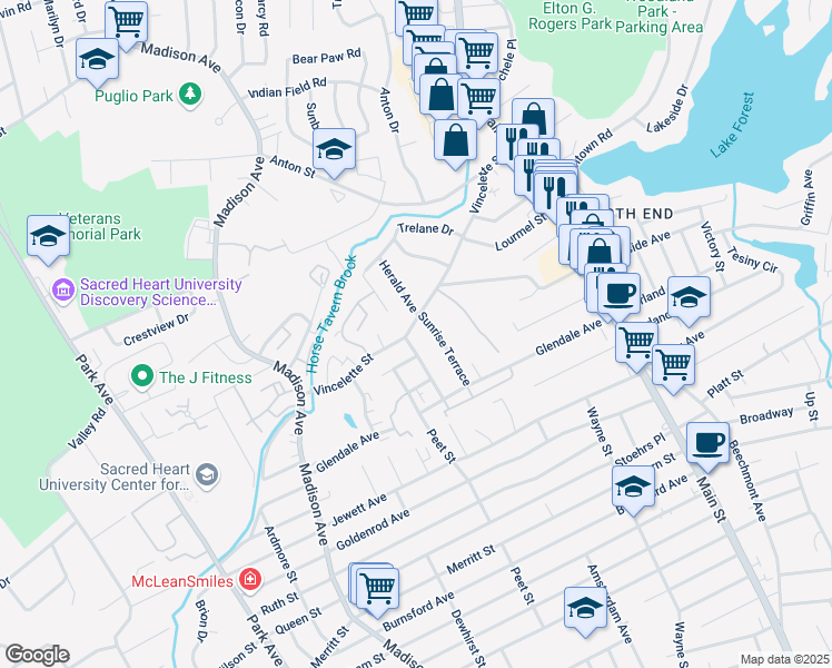 map of restaurants, bars, coffee shops, grocery stores, and more near 445 Vincellette Street in Bridgeport