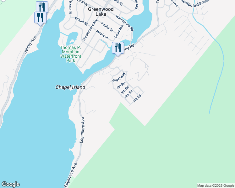 map of restaurants, bars, coffee shops, grocery stores, and more near 30 Wildwood Drive in Greenwood Lake