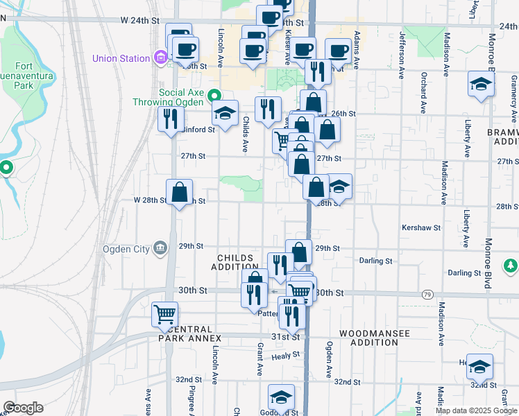 map of restaurants, bars, coffee shops, grocery stores, and more near 2805 Grant Avenue in Ogden