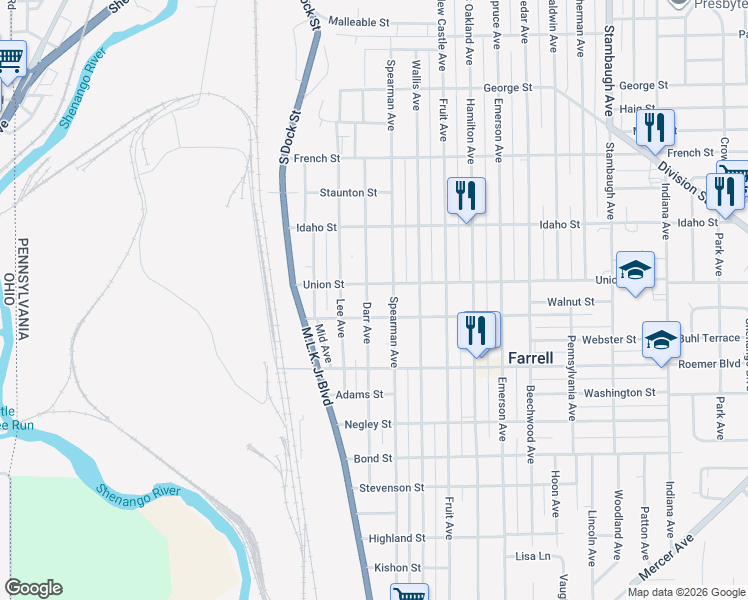 map of restaurants, bars, coffee shops, grocery stores, and more near 815 Darr Avenue in Farrell