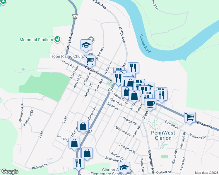 map of restaurants, bars, coffee shops, grocery stores, and more near 18 Grant Street in Clarion