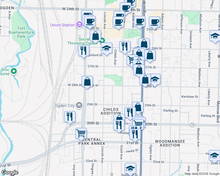 map of restaurants, bars, coffee shops, grocery stores, and more near 237 28th Street in Ogden