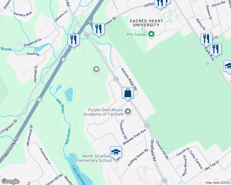 map of restaurants, bars, coffee shops, grocery stores, and more near 145 Hawthorne Drive in Fairfield