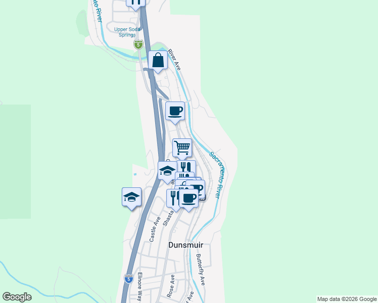 map of restaurants, bars, coffee shops, grocery stores, and more near 5505 Sacramento Avenue in Dunsmuir