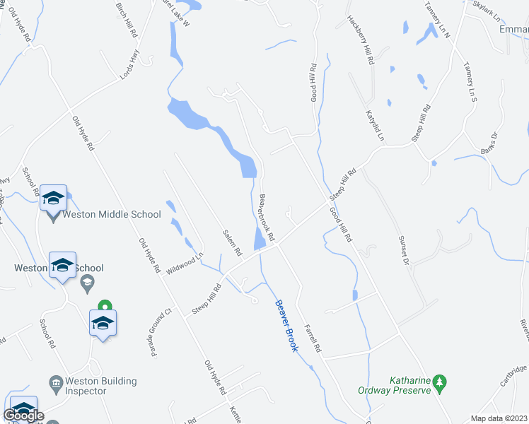 map of restaurants, bars, coffee shops, grocery stores, and more near 23 Beaverbrook Road in Weston