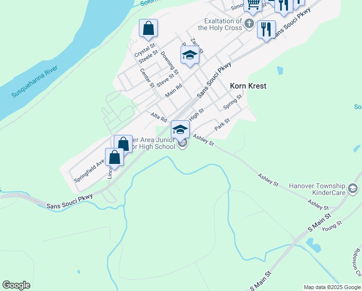 map of restaurants, bars, coffee shops, grocery stores, and more near 1600 Sans Souci Parkway in Wilkes-Barre