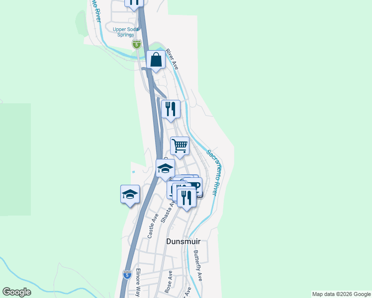 map of restaurants, bars, coffee shops, grocery stores, and more near 5505 Sacramento Avenue in Dunsmuir