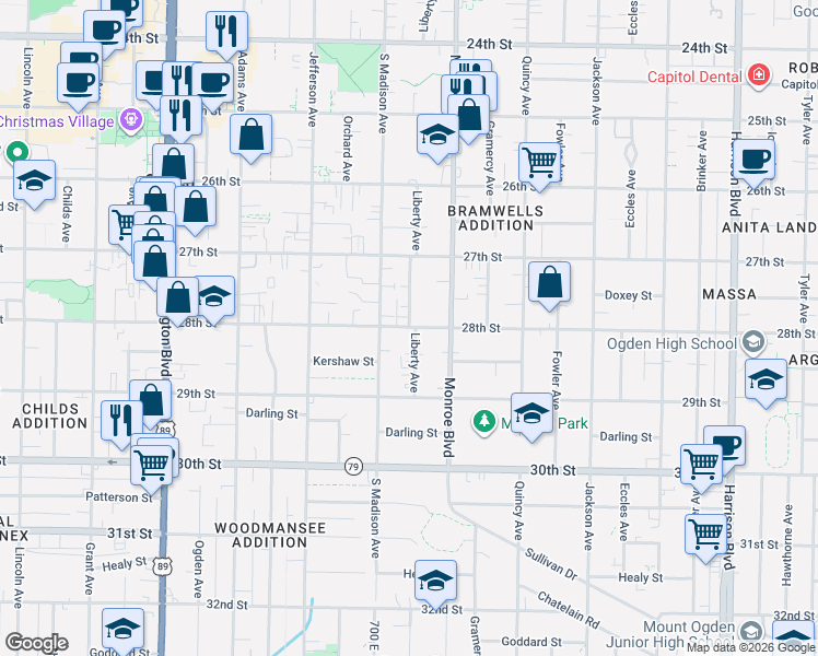 map of restaurants, bars, coffee shops, grocery stores, and more near 721 28th Street in Ogden