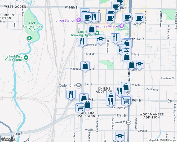 map of restaurants, bars, coffee shops, grocery stores, and more near 127 28th Street in Ogden