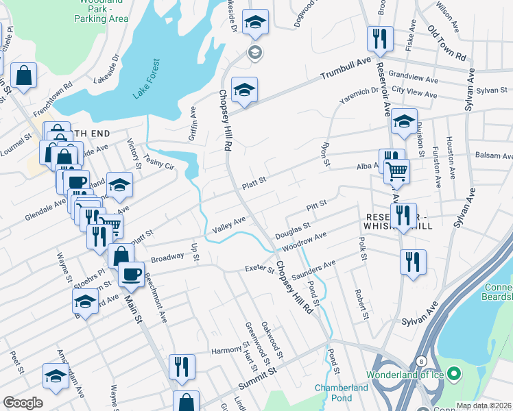 map of restaurants, bars, coffee shops, grocery stores, and more near 455 Woodlawn Avenue in Bridgeport