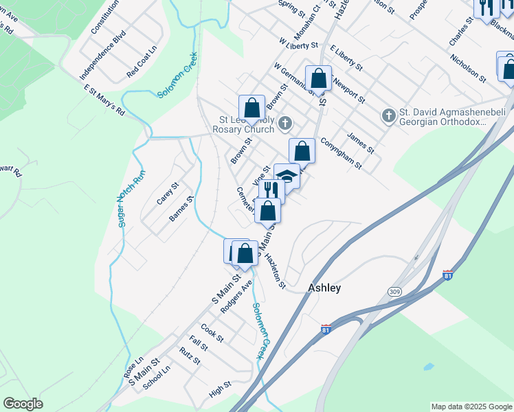 map of restaurants, bars, coffee shops, grocery stores, and more near 21-29 Cemetery St in Ashley