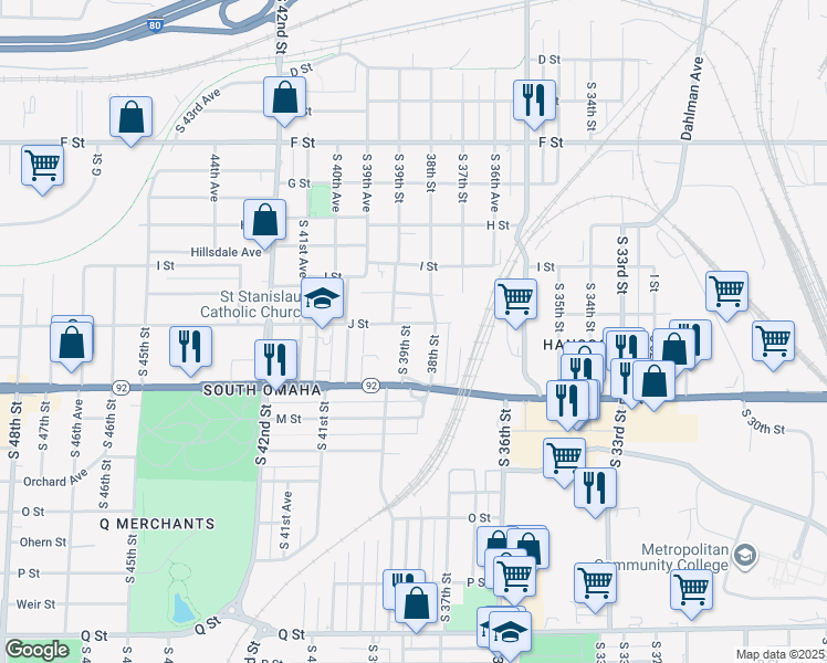 map of restaurants, bars, coffee shops, grocery stores, and more near 4516 South 38th Street in Omaha