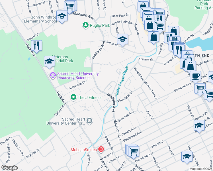map of restaurants, bars, coffee shops, grocery stores, and more near 216 Cherry Hill Drive in Bridgeport
