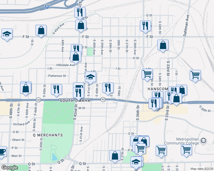 map of restaurants, bars, coffee shops, grocery stores, and more near 4520 South 39th Street in Omaha